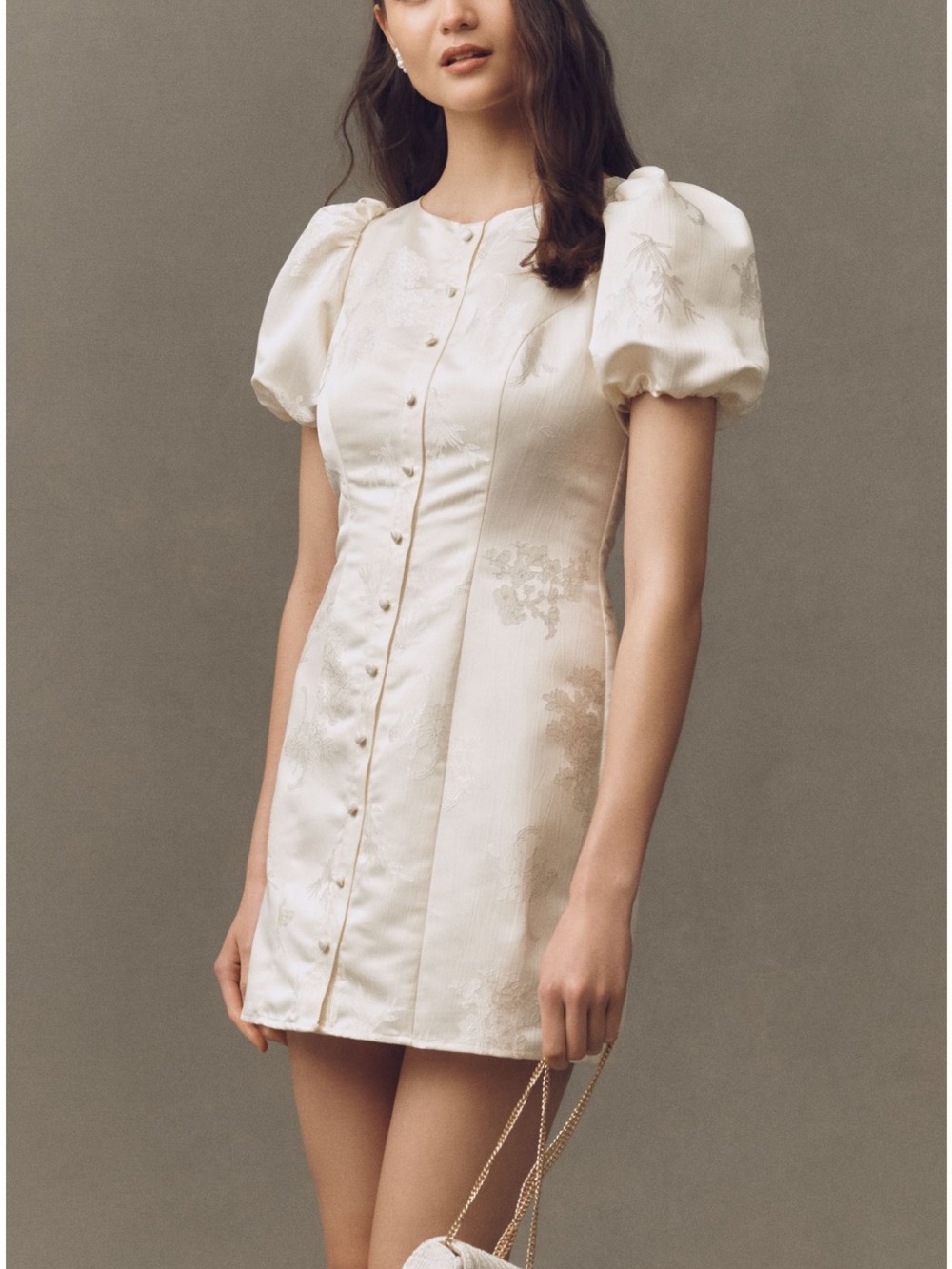 Hutch Puff-Sleeve Crew-Neck Jacquard Button-Front Mini Dress